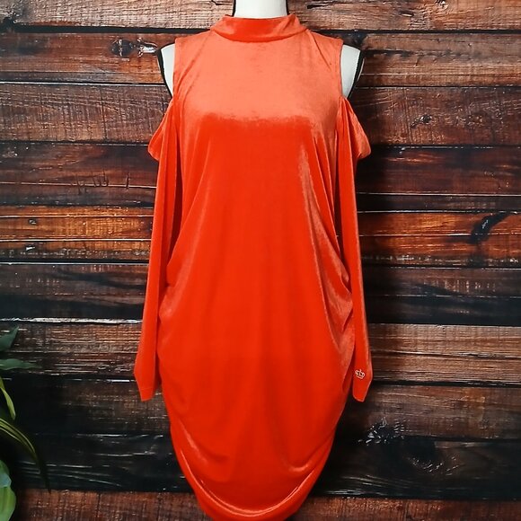 Juicy Couture Dress XL Velour Ruched Bodycon Cold Shoulder High Neck Red Orange - Picture 2 of 10